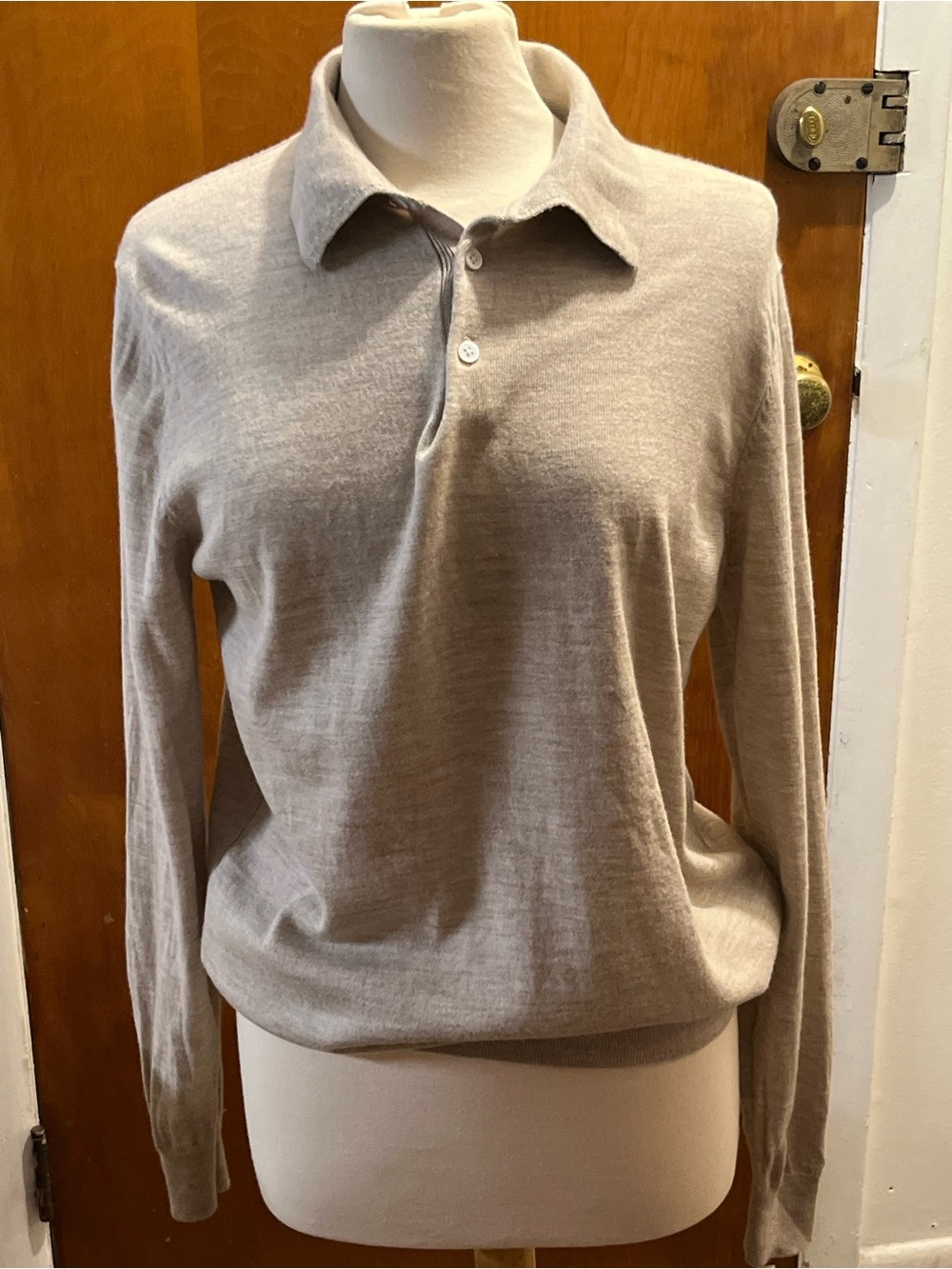 Collars and Co Men's Beige Merino Wool Pullover Long Sleeve Polo Shirt Size L